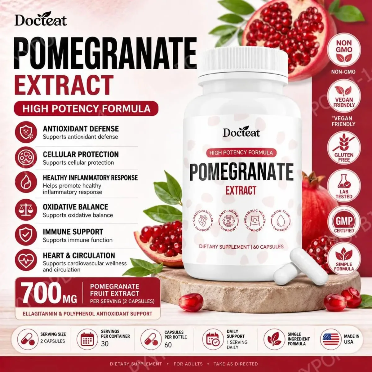 Docteat Pomegranate Fruit Extract Capsules Ellagitannin Antioxidant Defense Immune Support and Oxidative Balance 60 Capsules