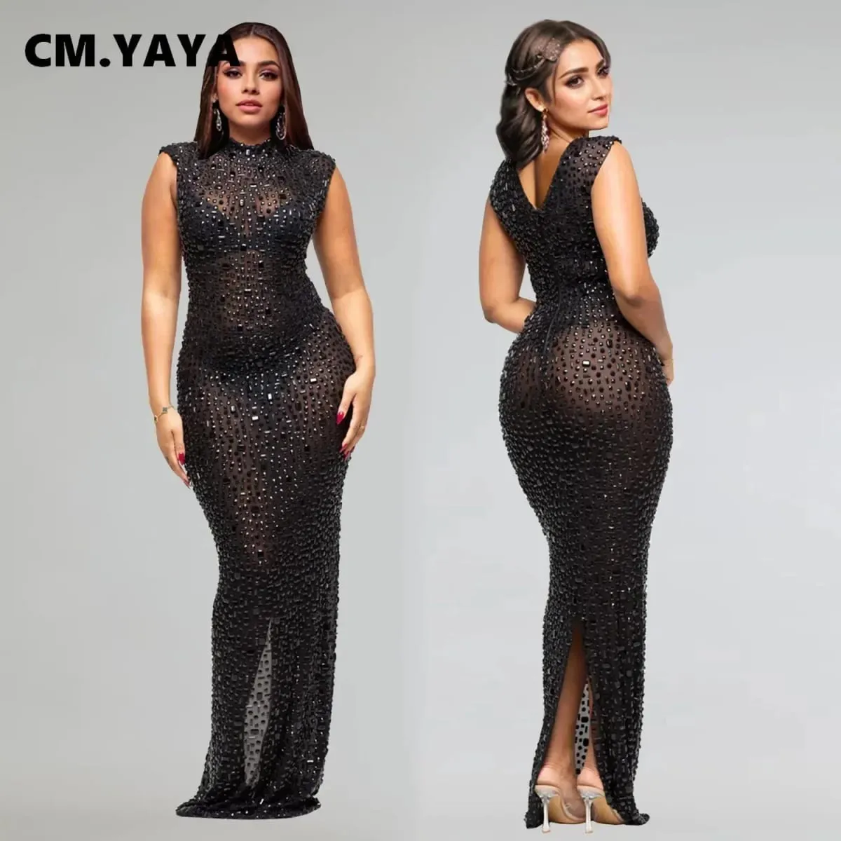 CM.YAYA 2024 Sonbahar Elmas Sıcak Rhinestones O-Boyun Kadın Kolsuz Bodycon Uzun Elbise Doğum Günü Partisi Akşam Balo Maxi Elbiseler — image 3