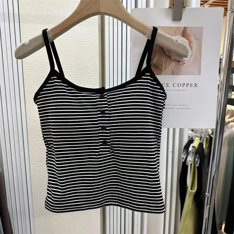 Integrated Stripe Women's Vest Inner Wear Outer Wear Button Fixed Cup No Bra Sports Top Short Style Cotton 100% Short Vest