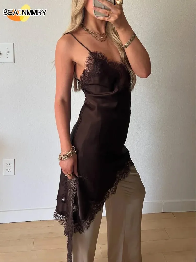 Bruin Satijn Kant Splicing Sling Jurk Vrouwen Elegante Onregelmatige Zoom V-hals Backless Mouwloze Jurk Chic Vrouwen Party Club vestidos