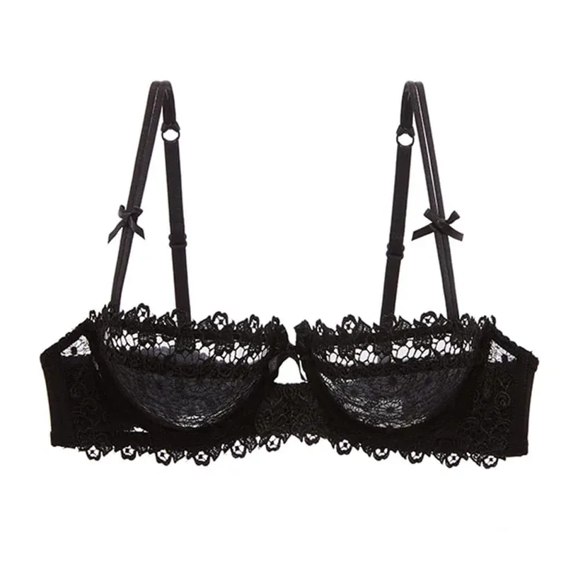 Plus Size Sexy Half Cup Lace Bra Sheer Mesh Unlined Bralette for Women A D Cup Invisible Push Up Underwire Lingerie Set