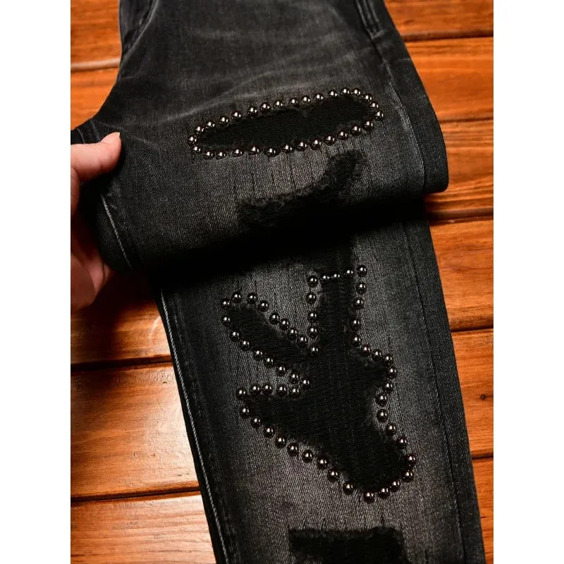 Design de decoração de metal preto jeans masculino na moda rasgado moda retro nostálgico rua magro ajuste calças magras — image 1
