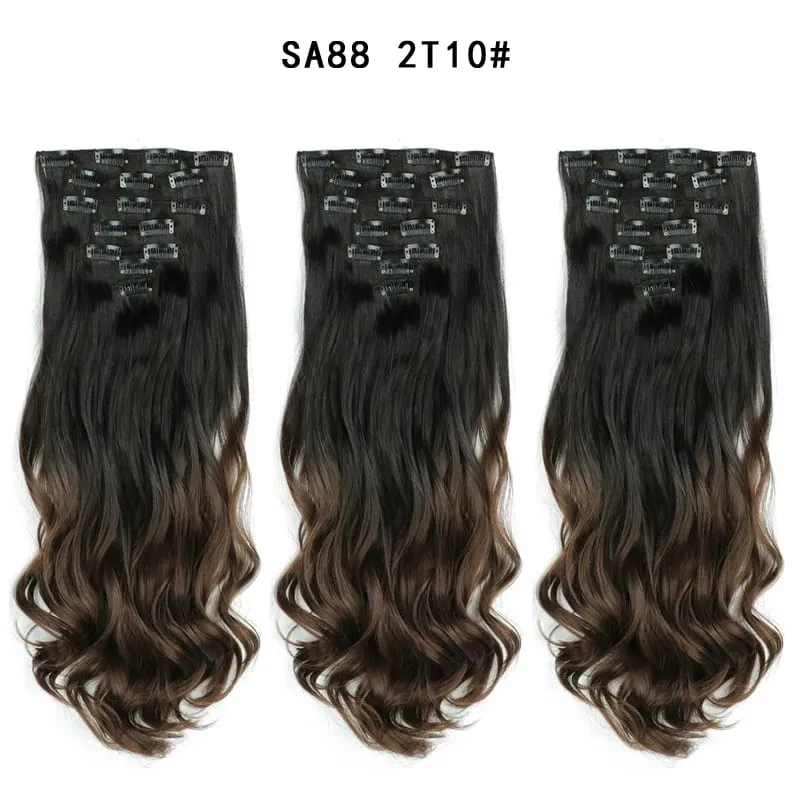 Clip in Long Wavy Synthetic Hair Extension 22 Inch Black 7PCS Thick Hairpieces Fiber Double Weft Hair for Women