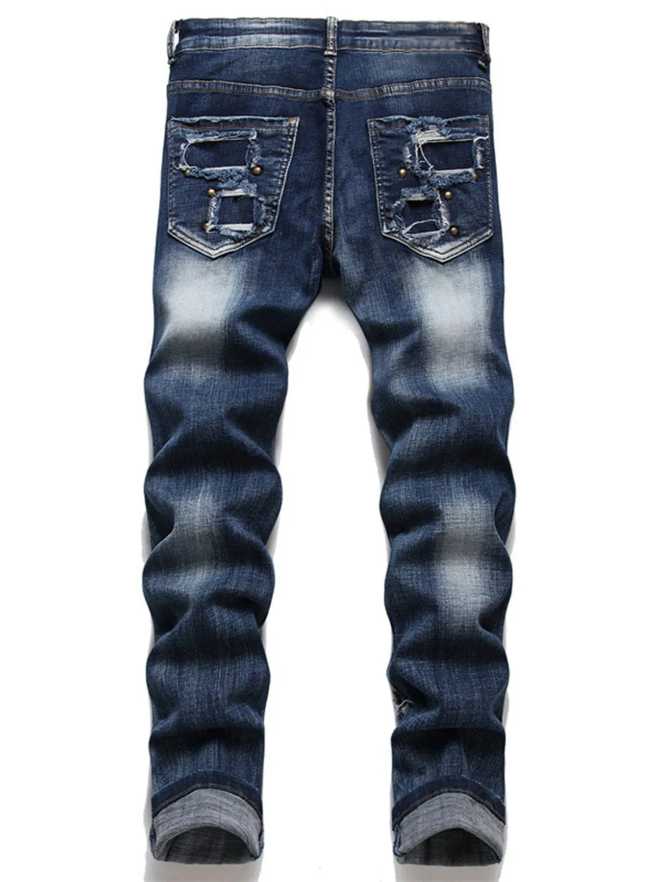 New punk men's jeans with nail beads multiple holes patchwork beggar style men's fashion street personality small straight