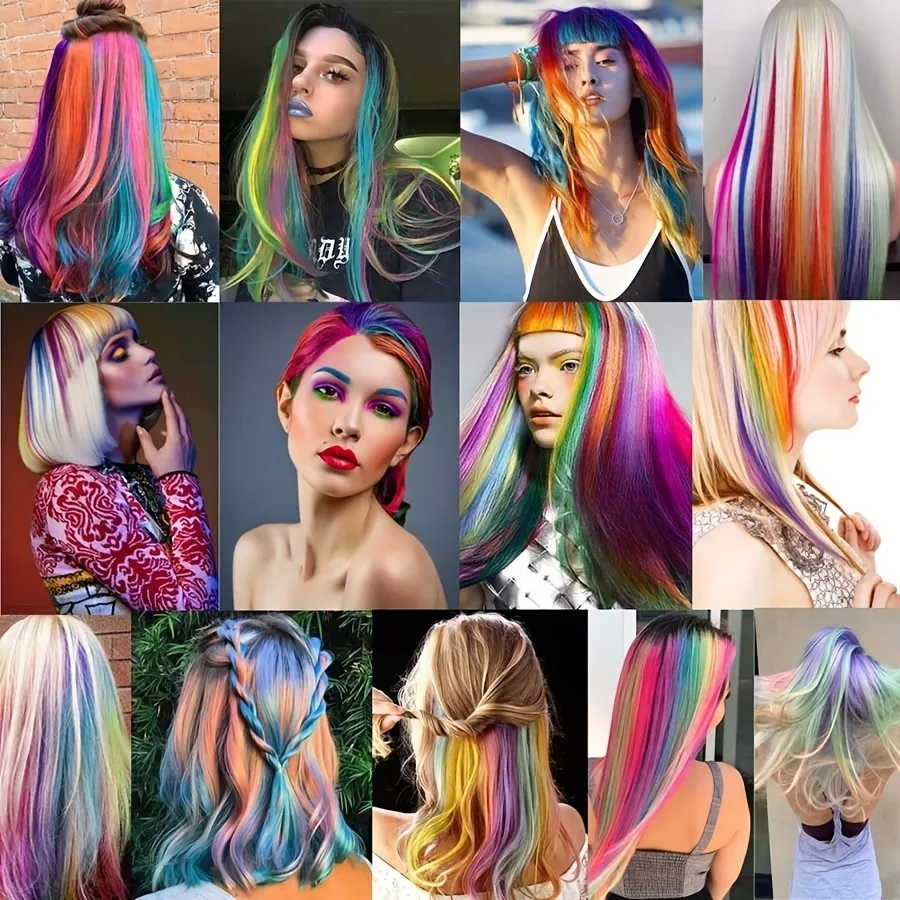 5pcs/set Colorful Clip In Synthetic Hair Extension Rainbow Long Straight Hairpieces For Women Girl Kids Y2K Style Daily Party