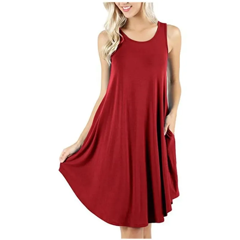 Women Black Blue Dresses Summer Casual Sleeveless Round Neck Long T Shirt Dresses Sundress Beach Tank Loose Pockets Dress