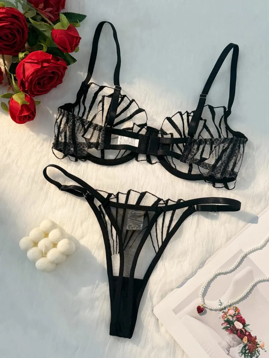 Black Leaf Embroidery Sheer Mesh Lingerie Set Underwire Bra & Adjustable Thong Women Sexy Underwear ZA824058