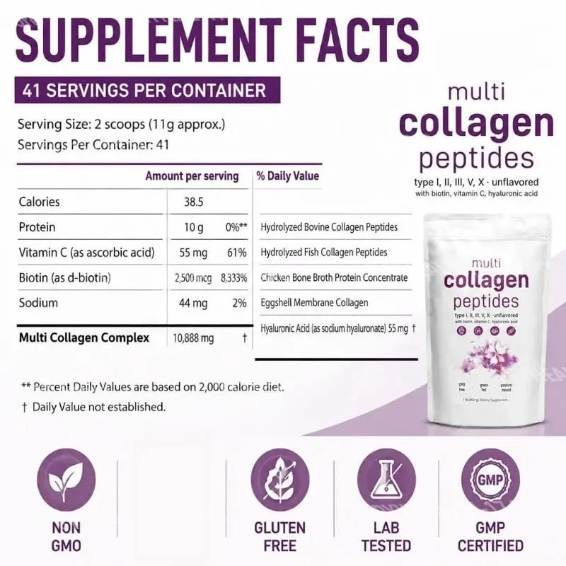 Multi Collagen Peptides Pulver Typer I II III V med Biotin Vitamin C & Hyaluronsyra Stöder Hud Hår Naglar för Män Kvinnor