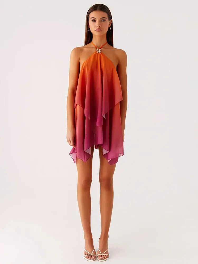 Mozision Gradient Halter Backless seksowna Mini sukienka damska suknia elegancki siatkowy zamek błyskawiczny Off-ramię bez rękawów klubowe sukienki imprezowe