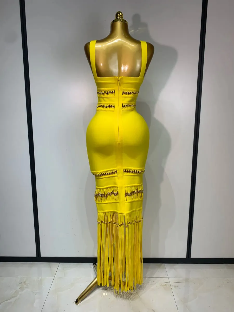 Mulheres sem mangas sexy gola quadrada borla bodycon bandage vestido celebridade elegante festa de noite vestido de aniversário de alta qualidade