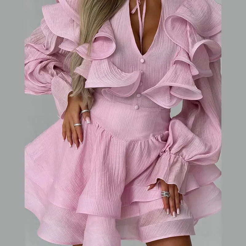 Solid Ruffle Mini Dress U Neck Long Puff Sleeve Tie Neck Tiered Hem Sweet Style Gown Soft Pastel Tones Fashion Chic Women Outfit — image 8