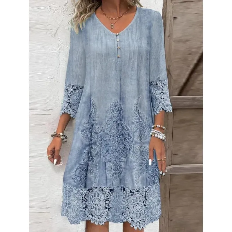 Fashion Summer Dresses 2024 Summer New 3D Pattern Lace Splicing Hollowed Out Midi Dress Casual Short Sleeve Dresses Lady Vestido