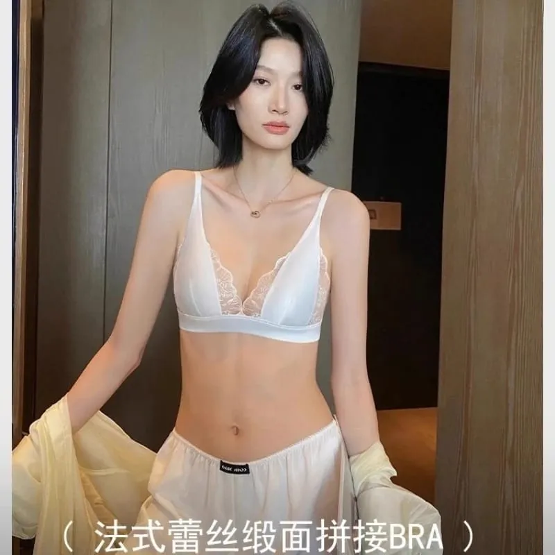 حمالة صدر صيفية مثيرة Sin Aros ملابس داخلية فرنسية Encaje Triangulo Pecho Pequeño Bralette Suave Puro Deseo Saten MOYISU 32-38-S-XL AB