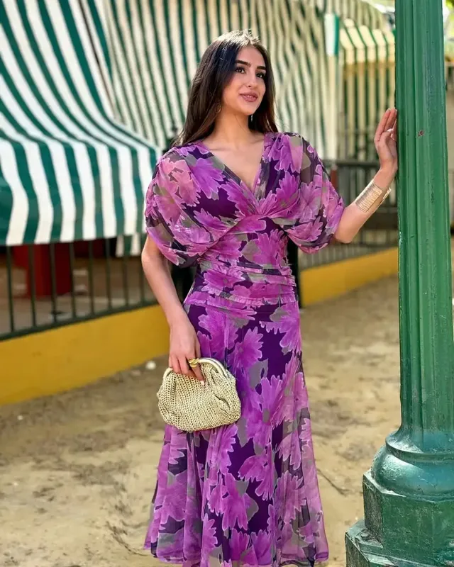 Kvinder Solid Dyb V-hals Mesh Lang Kjole Elegant Puff Kortærmet Rynket Talje Høj Vestidos 2026 Summer Lady Casual Street Robe
