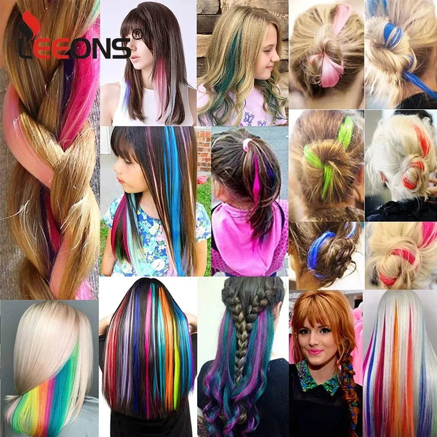 Lige farvet hårstykke Hair Extensions Clip In Highlight Regnbuehår Pink Blå Lilla Syntetisk på klips til kvinder piger — image 7