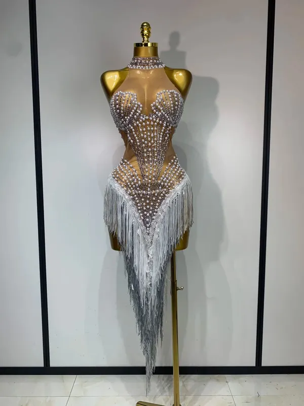 Costume de scène Sexy en maille strass scintillante, paillettes transparentes, pompon, soirée, fête d'anniversaire, discothèque, tenue de chanteur de danse