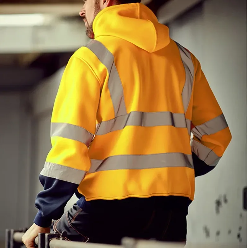 Reflective Work Safety Men Hoodies Drawstring Loose Zipper Jacket Autumn Thin Fleece Hooded Pullover Coat Casual Work Sweatshirt