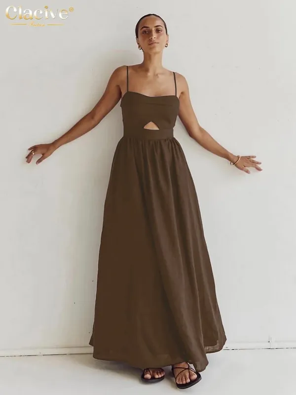 Clacive Sexy Loose Black Cotton Womens Dresses 2024 Summer Strap Sleeveless Ankle Length Dress Elegant Hollow Out Female Dress