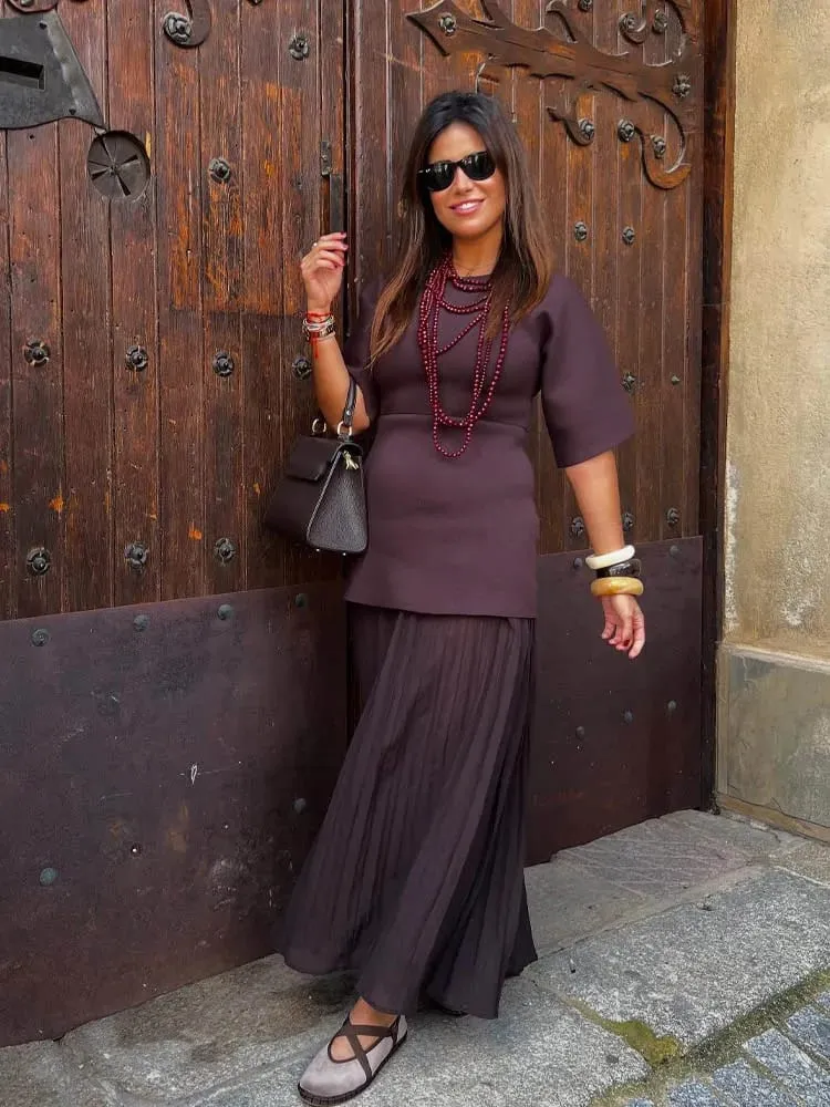HH kobiety eleganckie pół rękawy O-kołnierz plisowana sukienka wiosna kobieta tylny zamek błyskawiczny łączenie Vintage w stylu Casual, długa sukienka z dzianiny — image 5