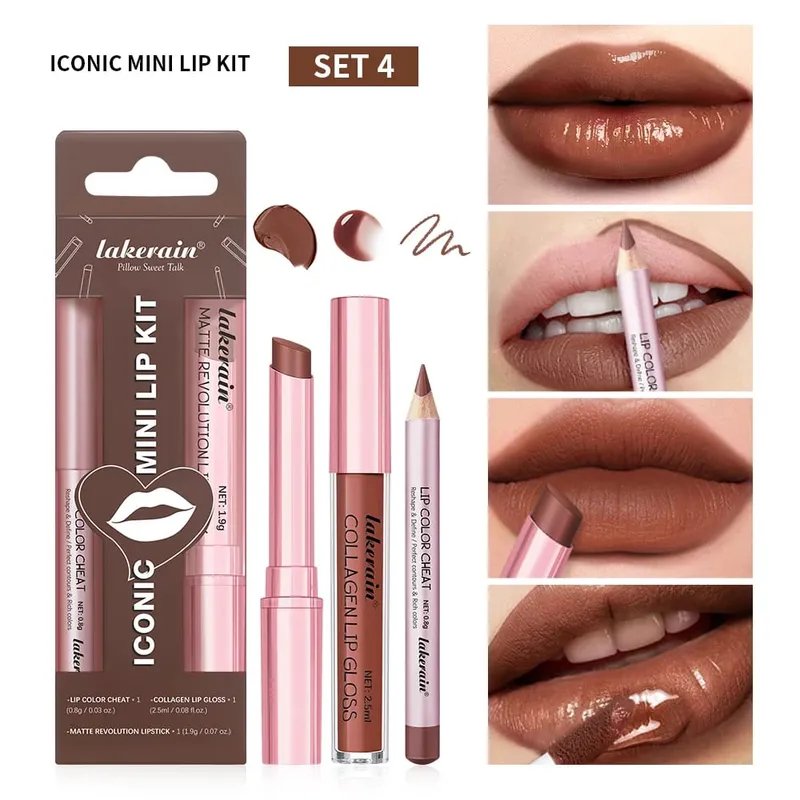Set Lip Liner + Lipstik 5 Warna dan Pewarna Bibir Kit Bibir Matte Mudah Diwarnai Lipstik Merah Tahan Lama Set Rias Bibir