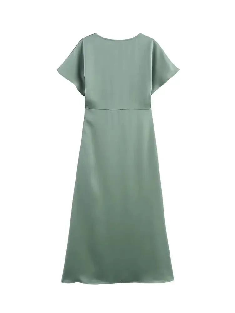 HH Women Elegant Solid Satin Dress Sexy V Neck Short Sleeve Midi Dress 2025 New Fashion Summer Lady Holidays Party Dress