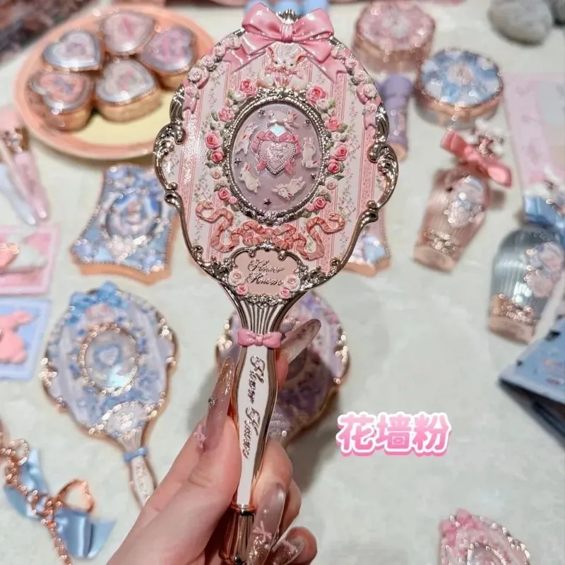 Flower Knows Handheld Makeup Mirror Midsummer Night Strawberry Cupid Bunny Garden Relief Pattern Limited Color Makeup Tool Kit