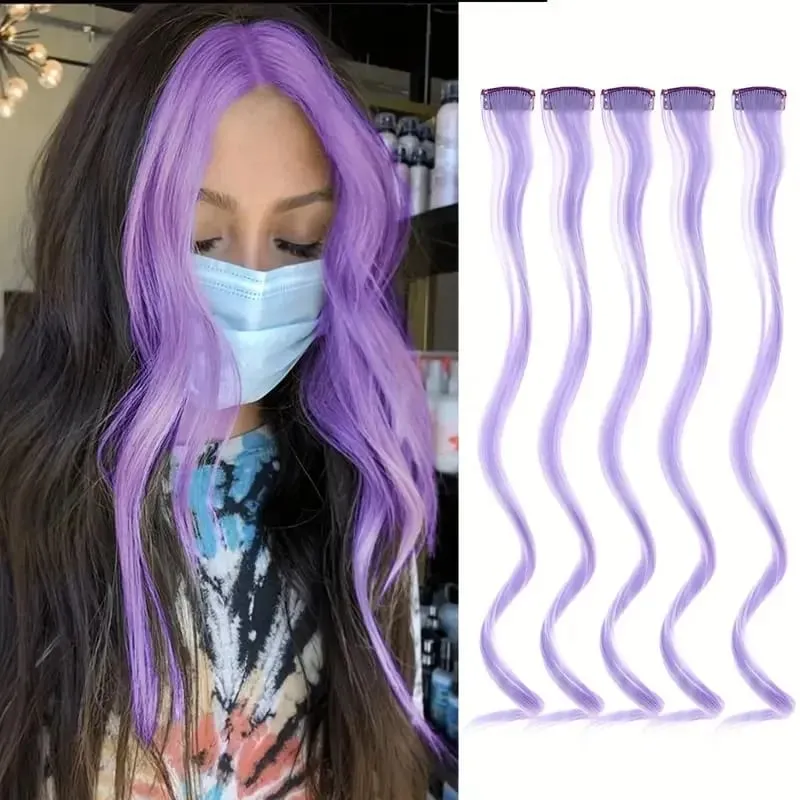 5Pcs Colored Hair Extensions Party Highlights Curly Wavy Hairpiece Clip In Synthetic Streak For Girls Women Halloween Wig