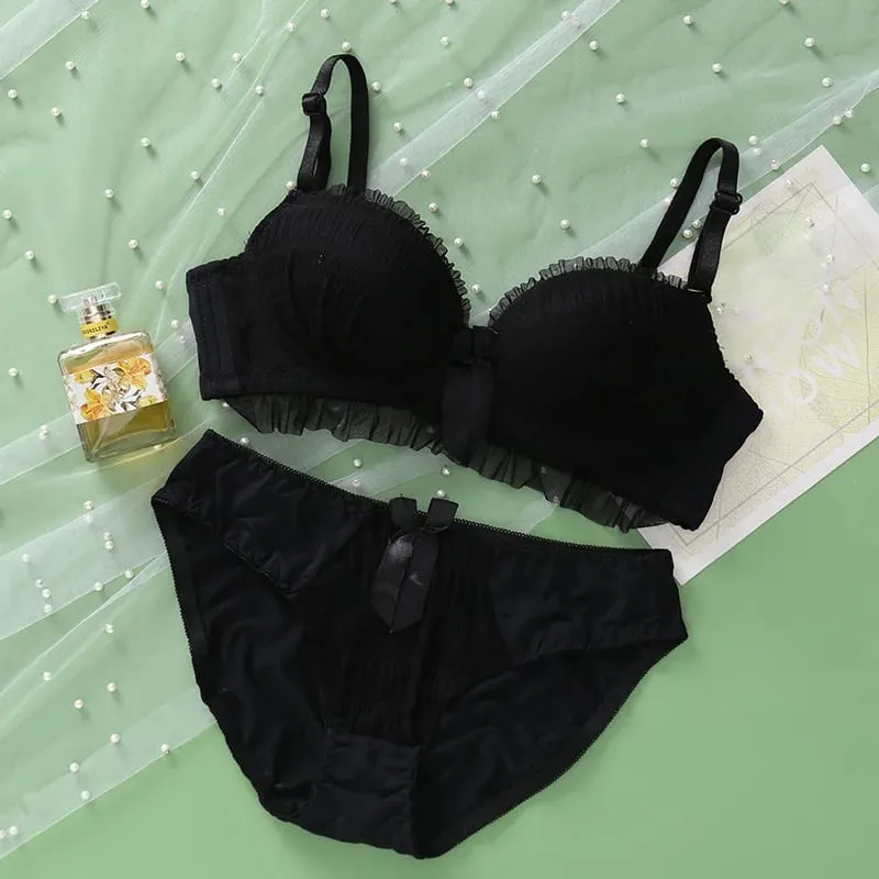 Women's Underwear Lace Sexy Soft Gathering Push Up Comfort Wireless Beauty Back Cute Ladies Bra and Panty Female Lingerie Set