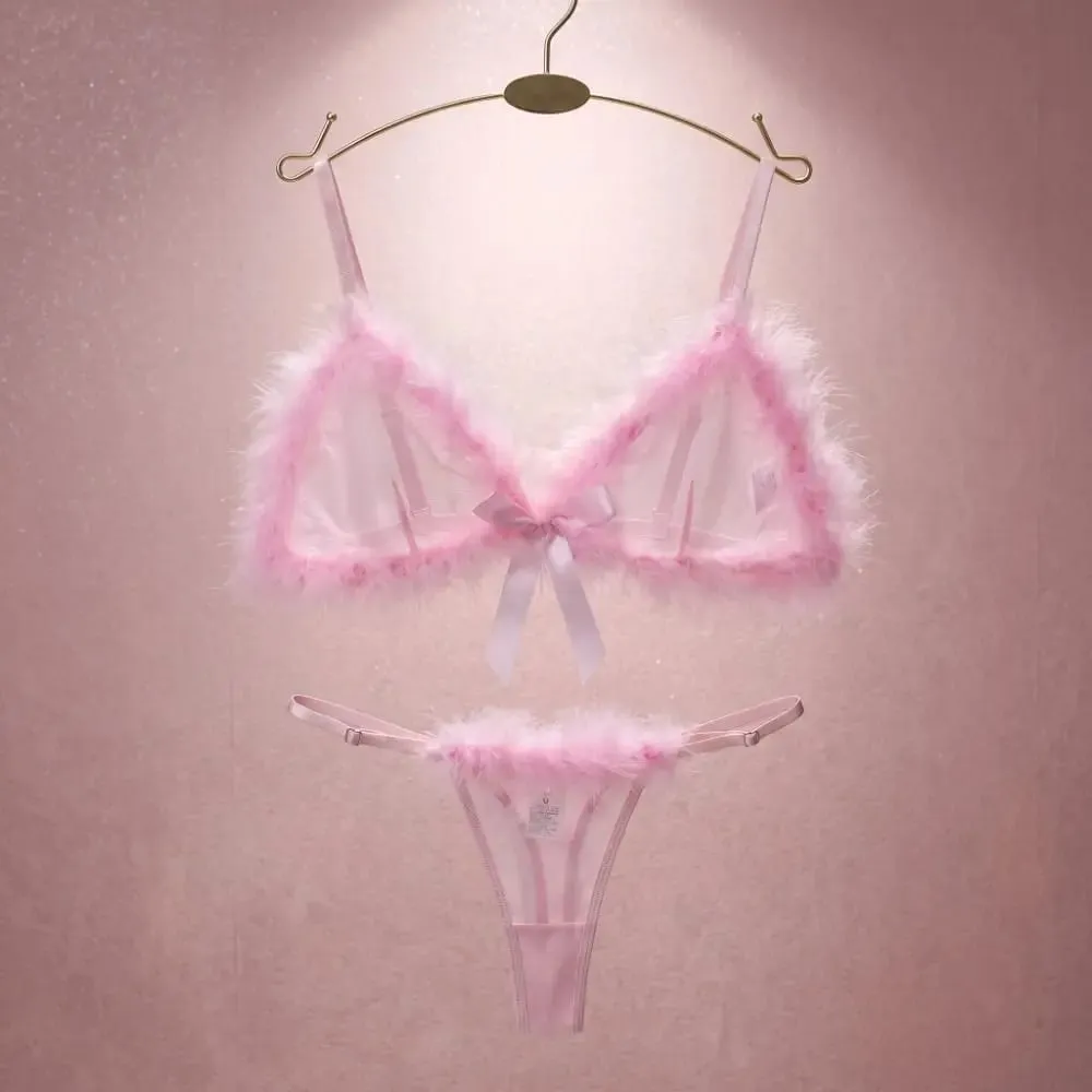 Furry Women's Underwear Mesh Transparent Wireless Lingerie Set Bow Decor Romantic Intimate Bra Panties Suit Intimate Moments