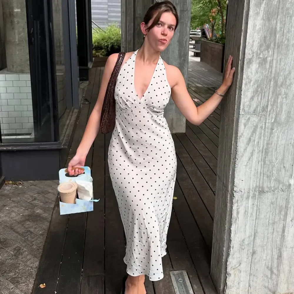 Tuularose Polka Dot Gantung Leher Gaun Panjang Wanita Elegan Tanpa Tali Seksi Lace-up Tanpa Belakang Tanpa Belakang Pakaian Pesta Kelab Fesyen