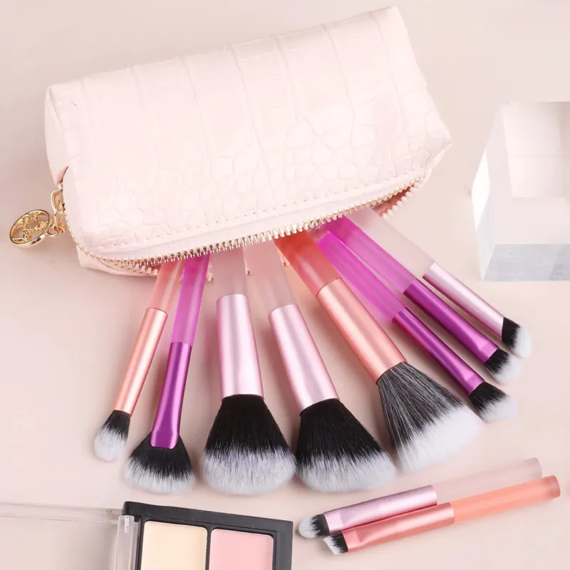 10Pcs Full Face Makeup Brush Kit Crocodile Grain Zipper Bag Powder Contour Shadow Brow Eyelash Cosmetic Brushes