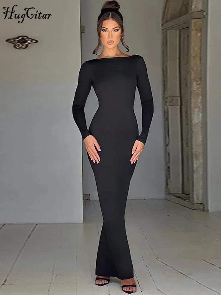 Hugcitar Spring Elegant Long Sleeve Backless Solid Cuched Sexy Bodycon Maxi Prom Dress Women Outfit Evening Party Festival Y2K — image 2