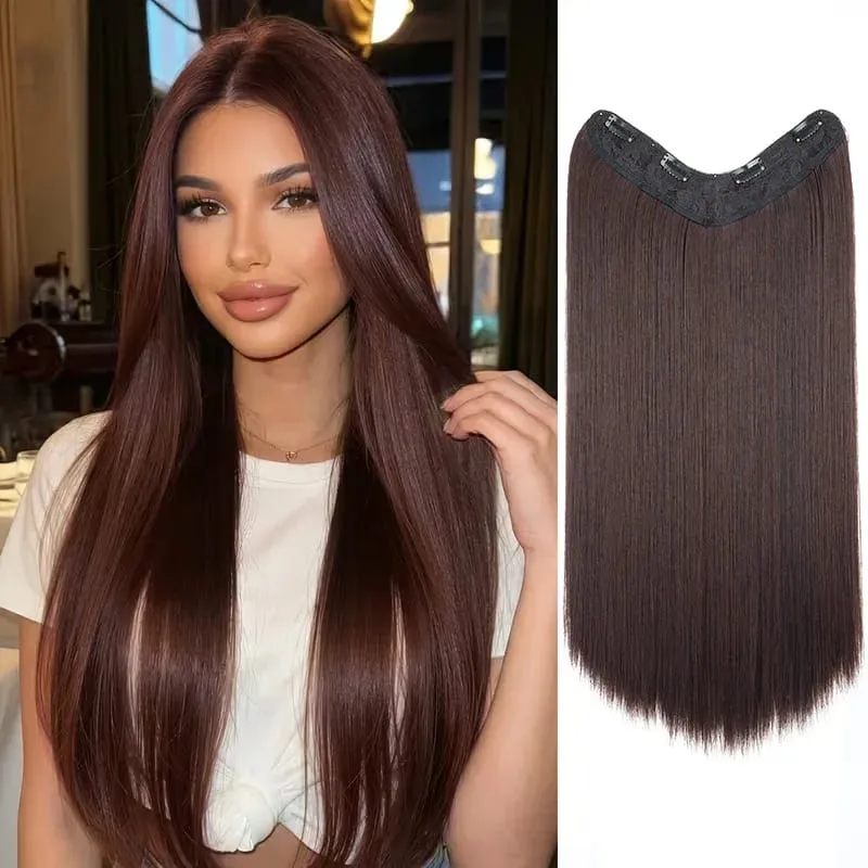 24Inch Synthetic 4-Clip V-Shaped Long Straight Hair Extension One Piece Heat-Resistant Fiber Hairpiece for Women Daily Use