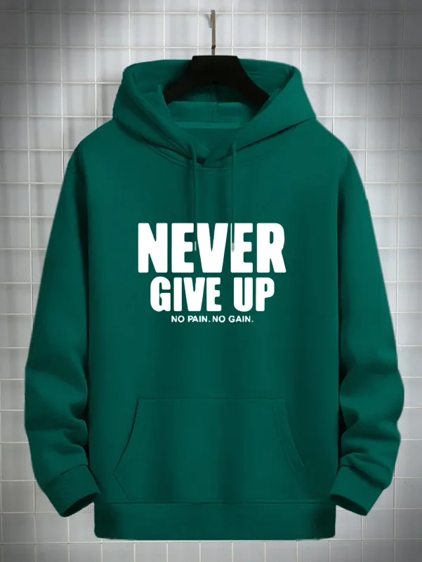 Men'S Hoodie Never Give Up Print Casual Fleece-Lined Pullover Kangaroo Pocket Stylish Streetwear Fall Casual Wear Hoodie