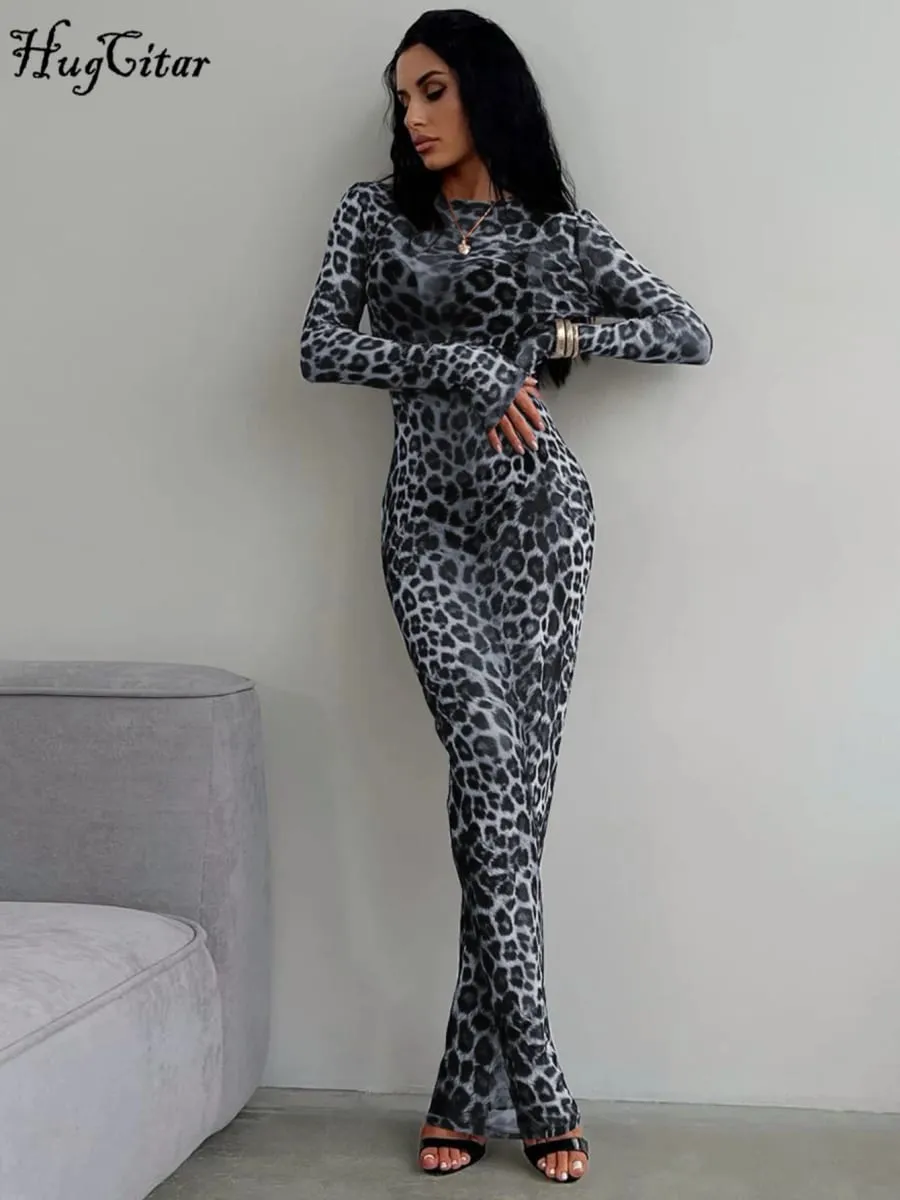Hugcitar Leopard Print Mesh Long Sleeve Sexy Slim See Through Maxi Dress Fall Women Fashion Outfits Beach Vacation Club