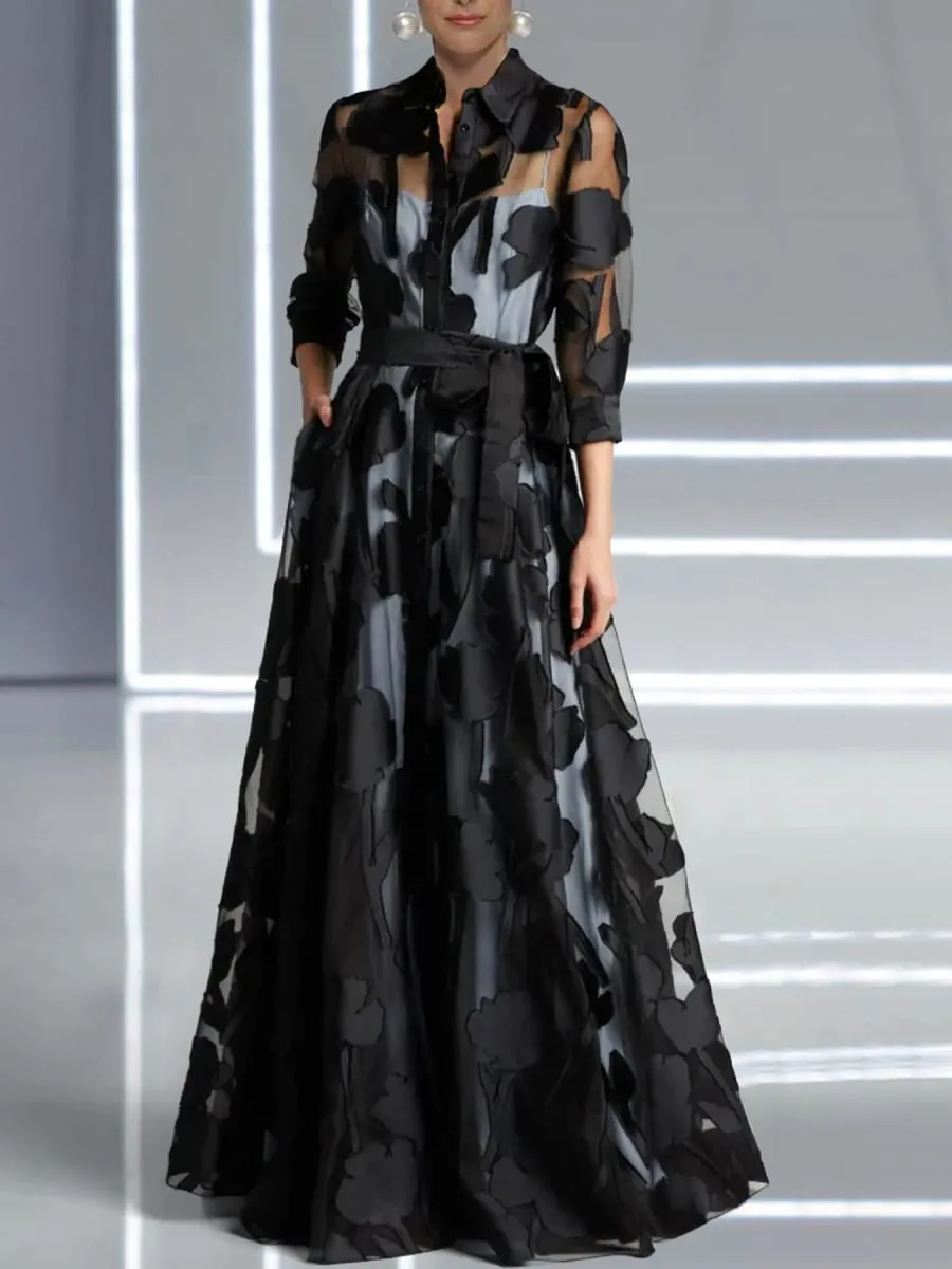 Robe longue en maille Jacquard pour femmes, élégante, manches trois-quarts, taille nouée, sans doublure, transparente, longue, soirée en boîte de nuit