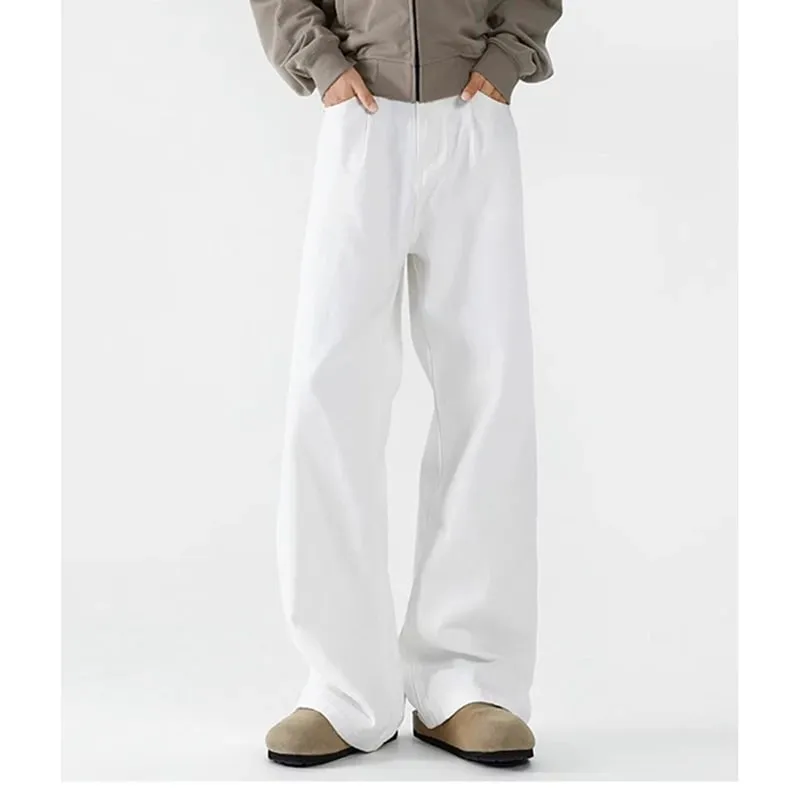 Summer Thin Breathable Men Jeans American Style White Bending Knife Denim Pants Trend Male Loose Straight Leg Wide Leg Trousers
