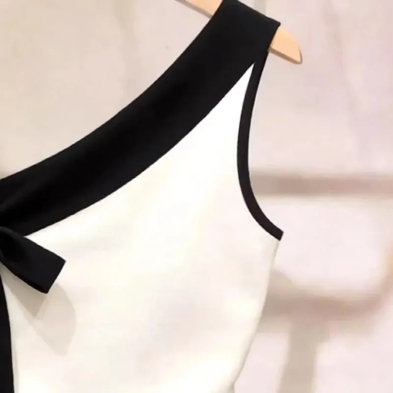 Summer New Contrast Bow Patchwork Off Shoulder Sexy Tanks Slim Sleeveless Elegant T Shirt Tops Temperament Trend Women Clothing