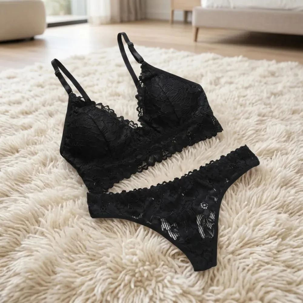 Sweet V Neck Lace Flower Bra Set Solid Color Thong Floral Panties Bra Kit Low Waist Lingerie Lace Underwear Romantic Night