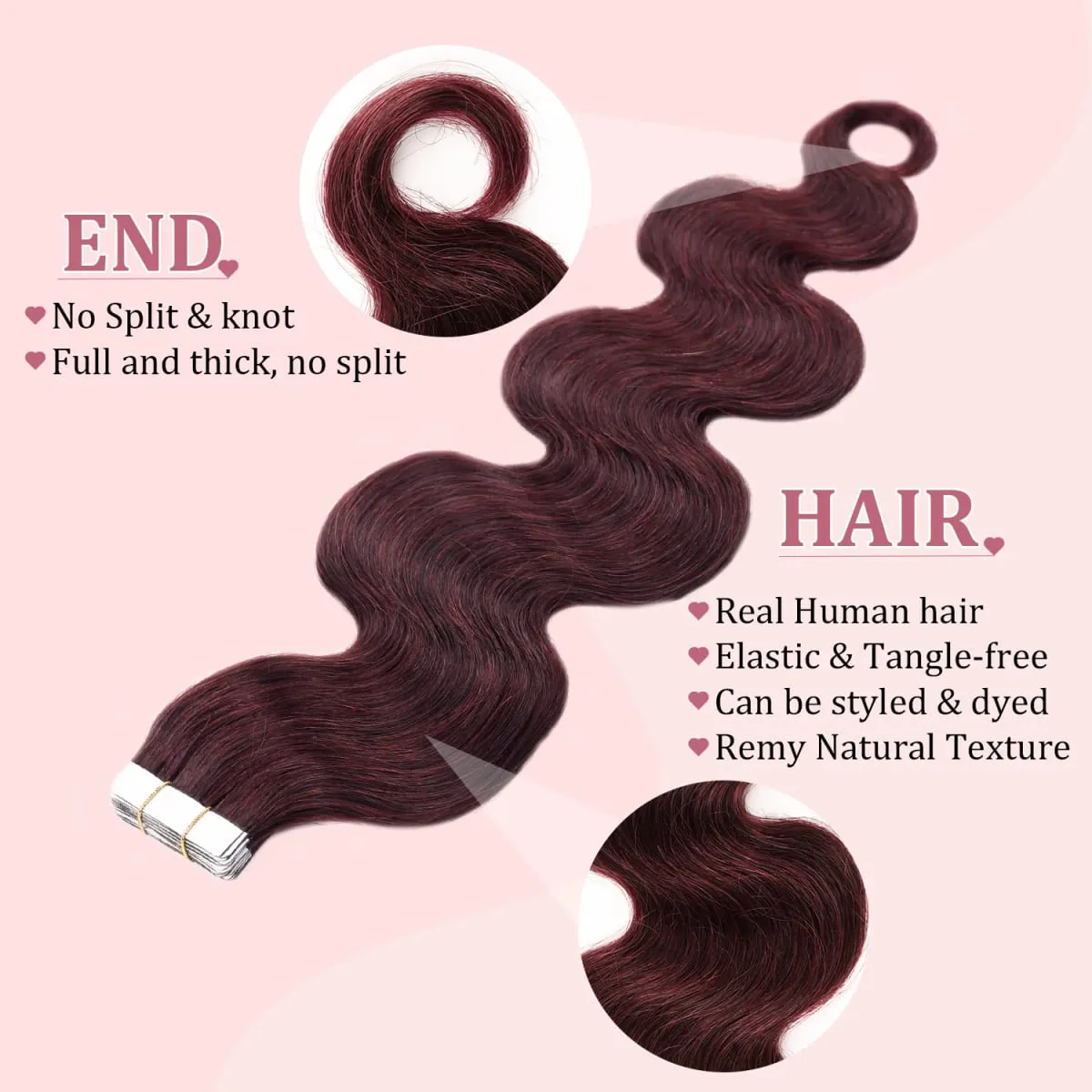 20pcs Seamless Remy Tape in Human Hair Extension #99J Dark Wine Body Wave PU Skin Weft Real Virgin Human Hair Tape ins Extension
