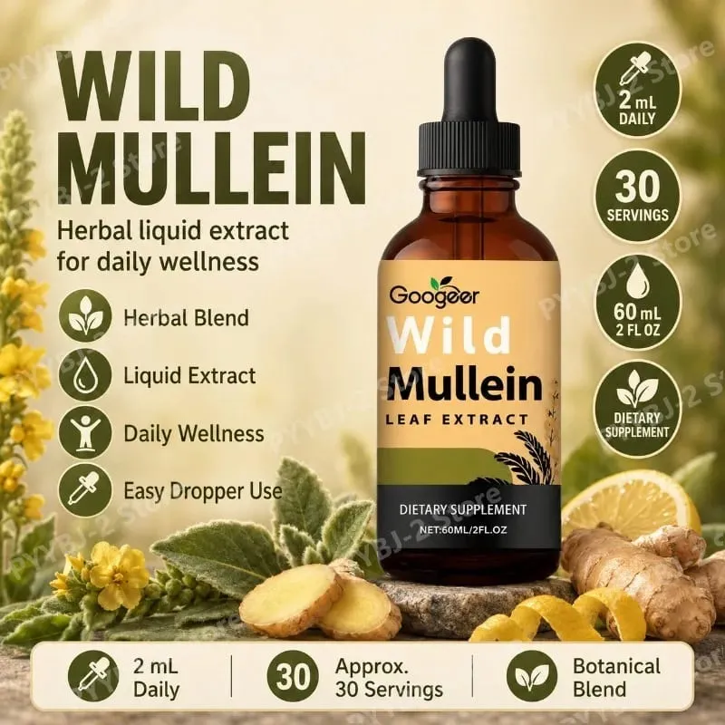 Mullein Liquid Drops 60ml with Wild Mullein Leaf Extract and Ginger Support Lung Health & Clean Impurities Plant Supplement
