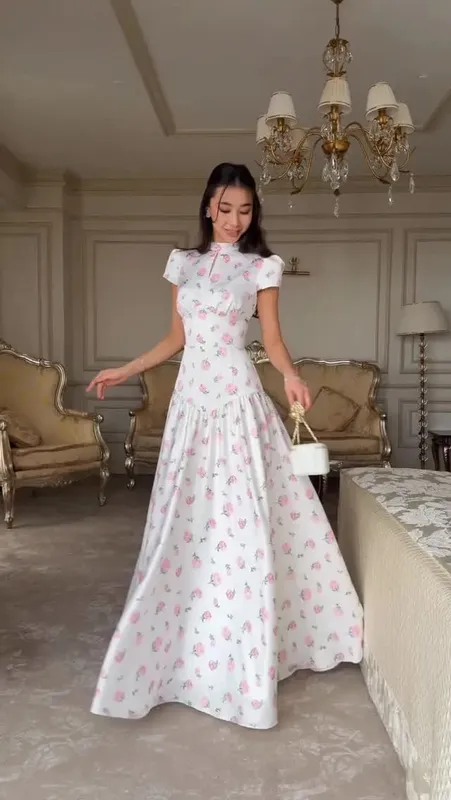 Organza Floral Printed Maxi Dress Fashion V-neck Puff Sleeve 2026 Spring/summer Romantic Women Party Gown Elegant Lady Vestidos