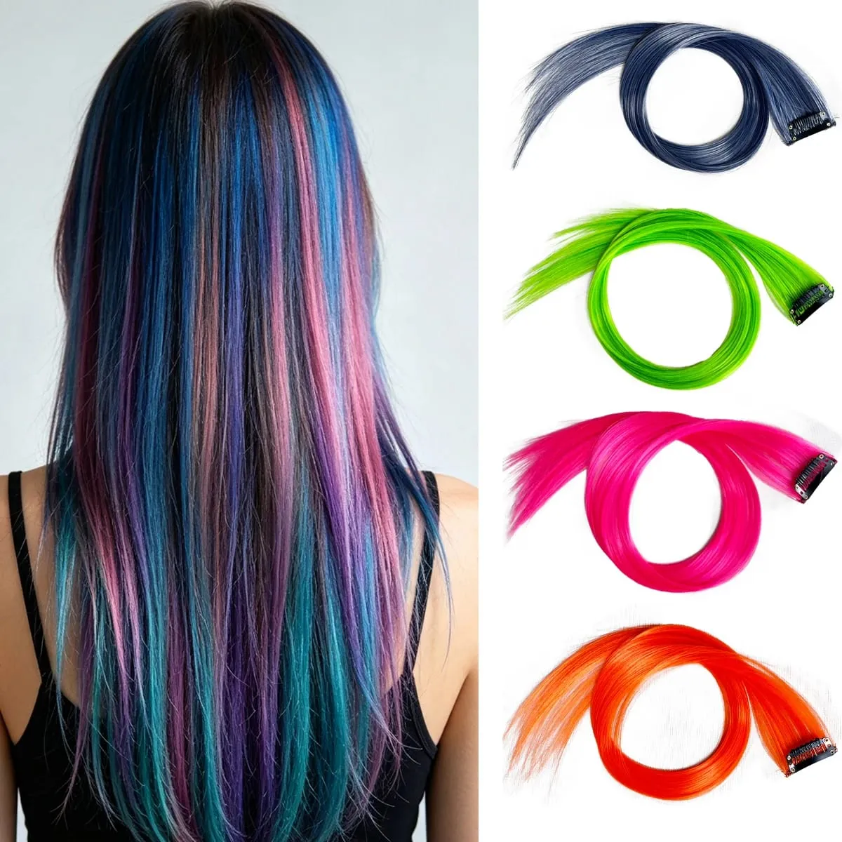 สีสังเคราะห์คลิปในส่วนขยายของผมตรงไฮไลท์ผมริ้วสายรุ้งแขวนผมชิ้นวิกผมสำหรับผู้หญิงพรรค
