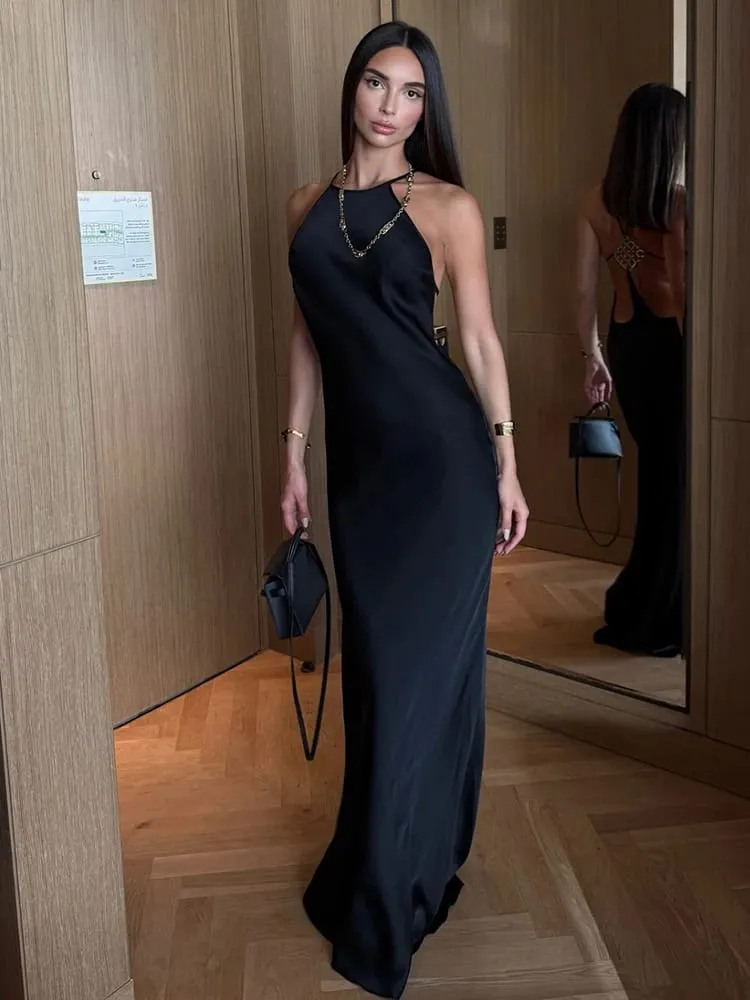 Nibber Sleeveless Halter Satin Dress Women Metal Buckle Elegant Patchwork Fashion Classic Evening Party Backless Long Bodycon — image 6