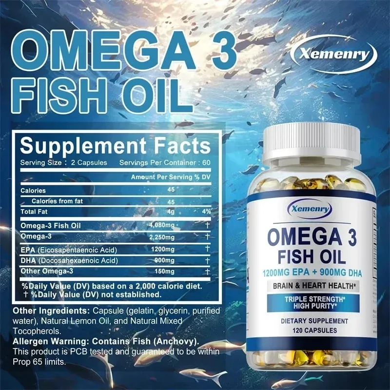 Omega 3 Fish Oil - Supplement with DHA EPA Promote Cellular Energy Health Supports Heart Brain & Joint Health Antioxidant