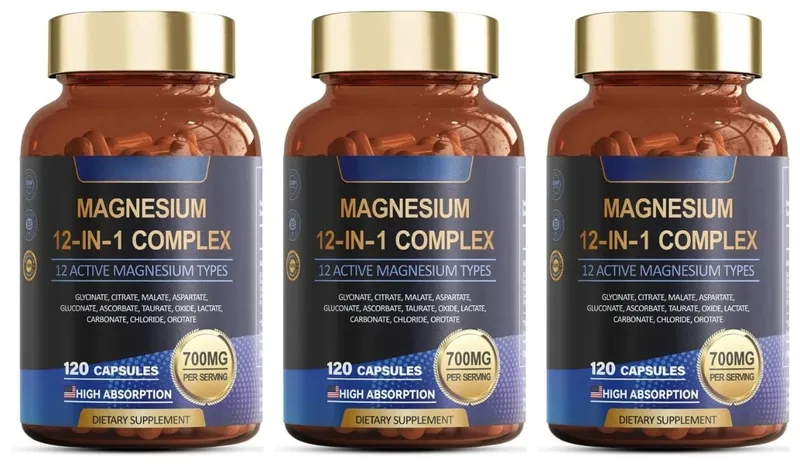 Non-GMO Magnesium Complex 700mg with 12 Active Forms High Absorption 120 Capsules Gluten Free Vegan Supplement for Optimal Healt