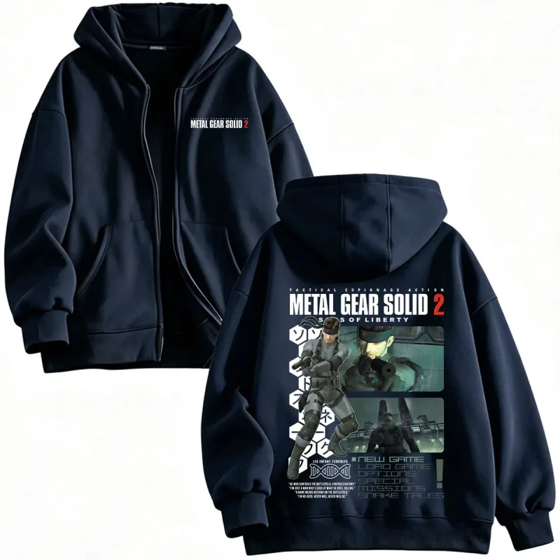 Metal Gear Solid 2 Sons of Liberty MGS2 Solid Snake Game Zipper Hoodies Homens Mulheres Fleece Zip Up Moletom Com Capuz Jaquetas Casacos