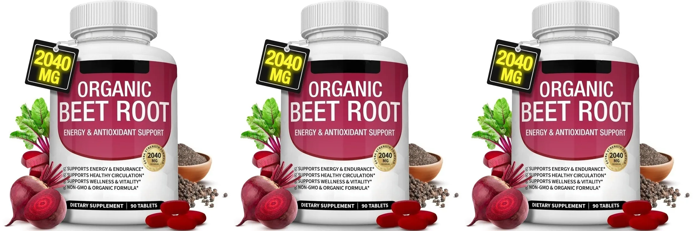 Organic Beet Root with Black Pepper Natural Energy Boost Immune Support Antioxidant Supplement Non-GMO Gluten Free 90 Tablets