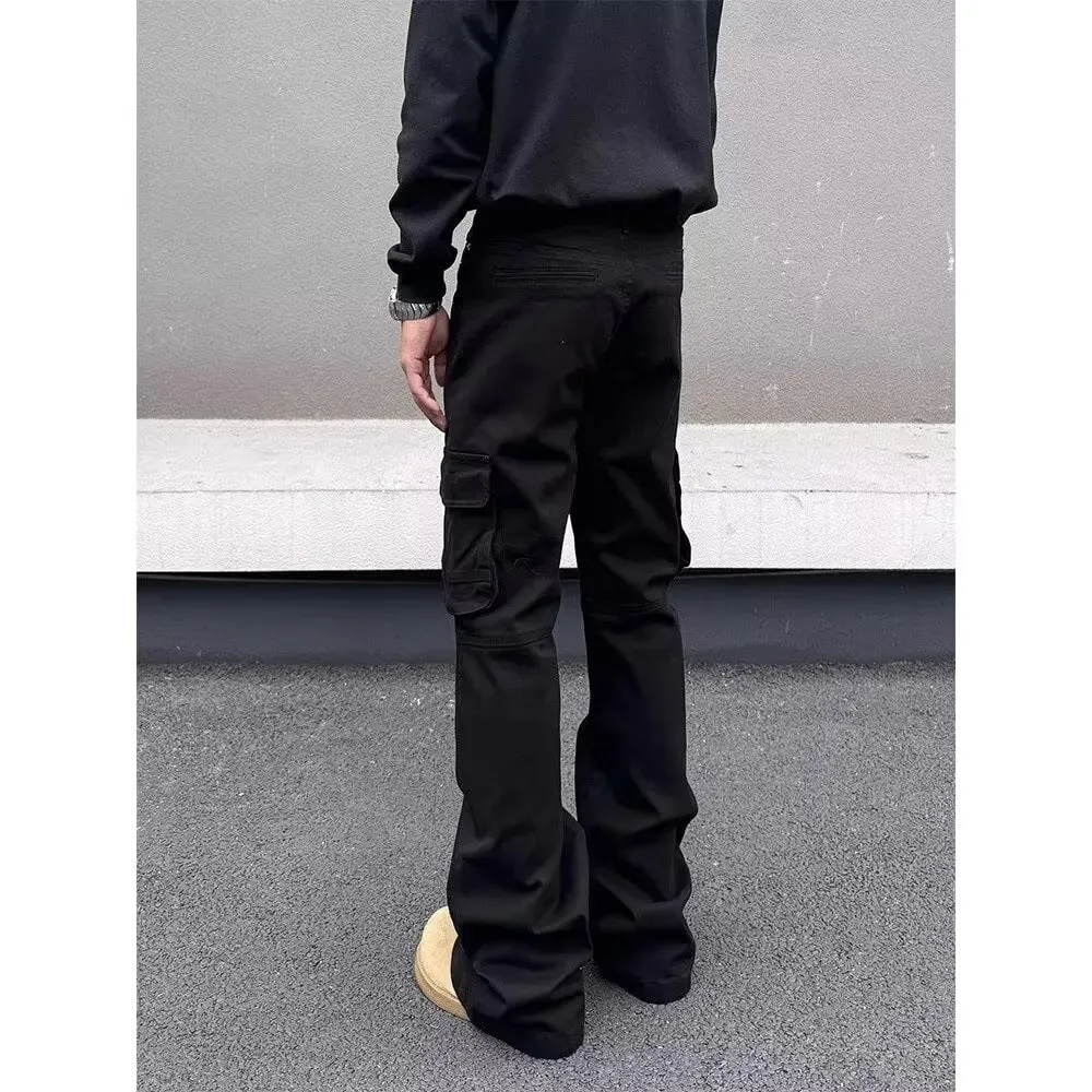 American style Vibe retro heavy industry multi pocket splicing workwear jeans men's straight tube micro flared slim fit long pan