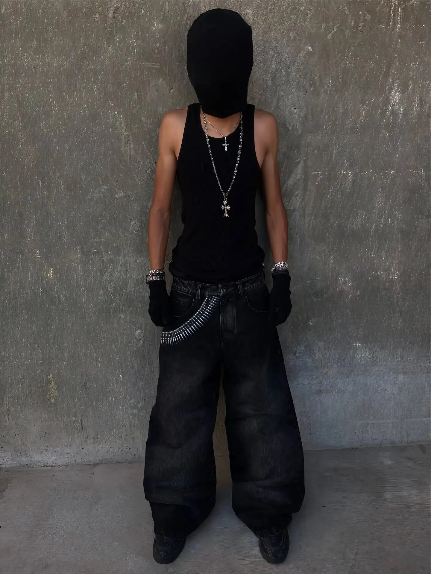 Y2K Baggy Tactical Jeans Men Punk Bullet Chain Print Washed Jean Retro High Street Jeans Hip Hop Men Casual Wide Leg Denim Pants